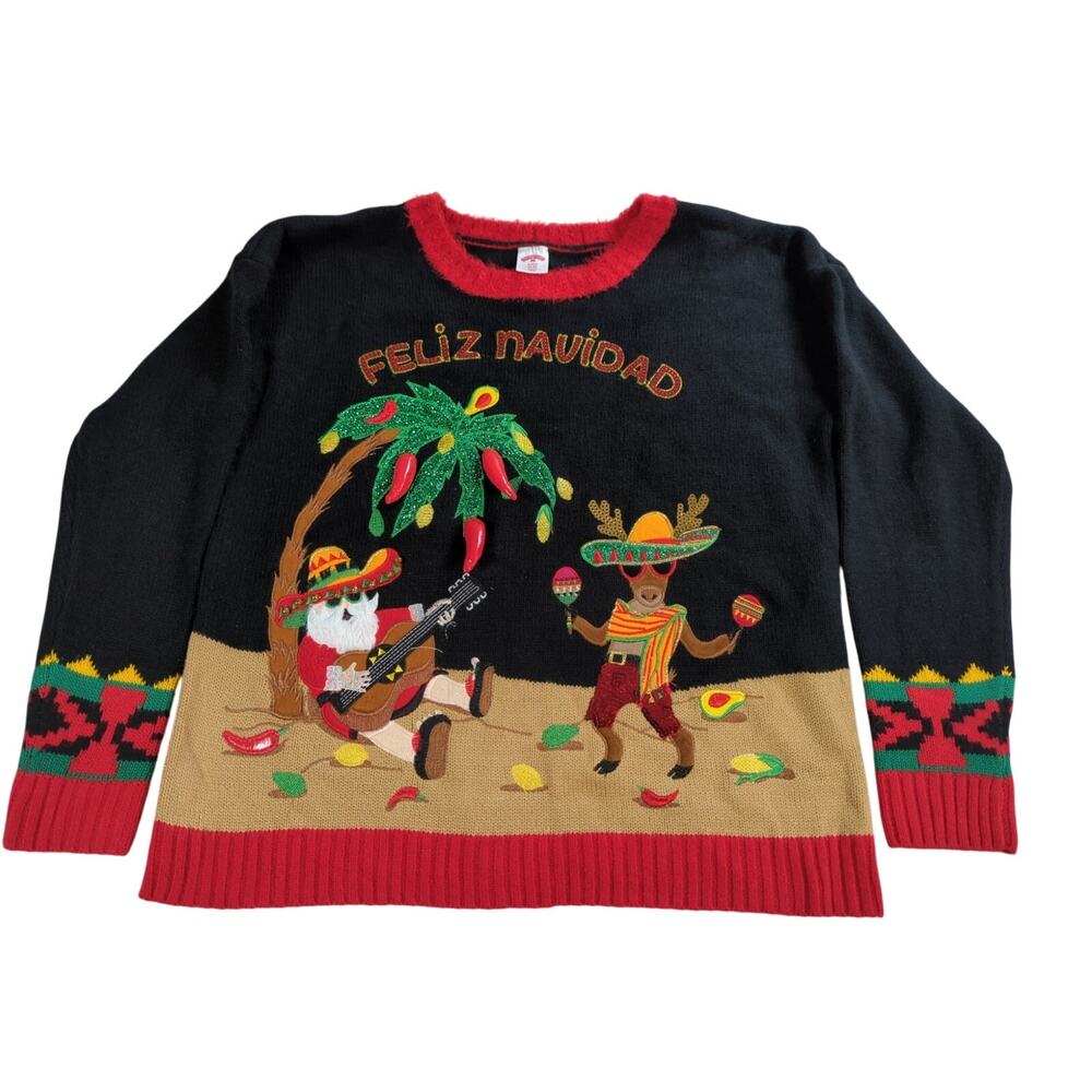Holiday Time Feliz Navidad Sweater S Ugly Xmas Bells Chili Peppers Funny